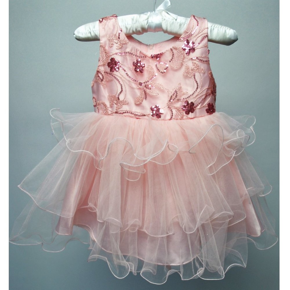 Girls Small Light Pink Tulle Tea Length Dress with Sequin Floral Print Bodice